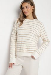 Beżowy Sweter w Paski z Cekinami i Metaliczną Nicią Iritalle. Brązowe swetry nierozpinane damskie Born2be, na zimę, bez wzorów, bez kołnierzyka, bez ramiączek. Za 89.99 zł.
