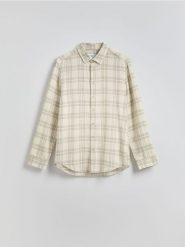 Koszula regular fit w kratę - jasnozielony. Zielone koszule męskie Reserved, l, bez wzorów, z bawełny, bez kołnierzyka, bez ramiączek. W wyprzedaży za 79.99 zł.