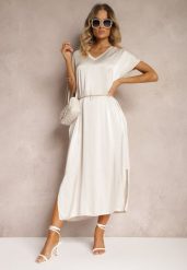 Jasnobeżowa Casualowa Sukienka z Wiskozy Oversize o Pudełkowym Kroju Morarose. Brązowe sukienki damskie Renee, na lato, bez wzorów, z materiału, bez kołnierzyka, bez ramiączek, midi, oversize. Za 109.99 zł.