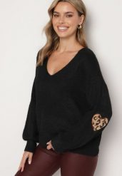 Czarny Sweter z Wełną i Ozdobnymi Naszywkami na Łokciach Norethra. Czarne swetry nierozpinane damskie Born2be, na zimę, uniwersalny, z aplikacjami, z jeansu, eleganckie, bez kołnierzyka, bez ramiączek. Za 129.99 zł.