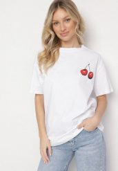 Biały T-shirt Bawełniany z Obustronnym Nadrukiem Wiśni Isoriel. Białe t-shirty damskie Born2be, bez wzorów, z bawełny, eleganckie, bez kołnierzyka, bez ramiączek. Za 84.99 zł.