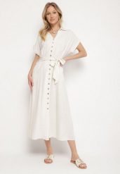 Jasnobeżowa Sukienka Koszulowa z Wiskozy i Lnu Wiązana w Talii z Kieszeniami Efrasira. Brązowe sukienki damskie Born2be, na co dzień, l, bez wzorów, z wiskozy, eleganckie, bez kołnierzyka, bez ramiączek, maxi, koszulowe. Za 129.99 zł.