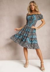 Zielono-Czarna Elastyczna Sukienka Boho z Hiszpańskim Dekoltem z Bawełny Solphina. Zielone sukienki damskie Renee, m, bez wzorów, z bawełny, boho, bez kołnierzyka, bez ramiączek. Za 39.99 zł.