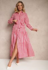 Czerwona Koszulowa Sukienka z Bawełny w Kratkę Vichy z Wiązanym Paskiem Adlivia. Czerwone sukienki damskie Renee, na co dzień, m, bez wzorów, z bawełny, eleganckie, bez kołnierzyka, bez ramiączek, maxi, dopasowane. Za 119.99 zł.