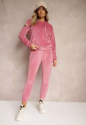 Ciemnoróżowy Komplet Dresowy z Dodatkiem Bawełny Spodnie z Gumką w Pasie Bluza z Kapturem Reseria. Czerwone bluzy damskie Renee, l, bez wzorów, z bawełny, bez ramiączek, z kapturem. Za 54.99 zł.