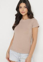 Jasnobeżowy Bawełniany Klasyczny T-shirt Lunolia. Brązowe t-shirty damskie Born2be, l, bez wzorów, z bawełny, klasyczne, bez kołnierzyka, bez ramiączek. Za 39.99 zł.