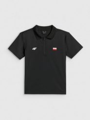 4F Koszulka kibica polo damska - czarna L. Czarne bluzki damskie 4F, l, bez wzorów, z materiału, bez kołnierzyka, bez ramiączek. Za 99.99 zł.