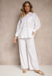 Biały Komplet z Lnem Koszula i Spodnie o Szerokim Kroju Renavine. Białe koszule damskie Renee, bez wzorów, z materiału, eleganckie, bez kołnierzyka, bez ramiączek. Za 149.99 zł.