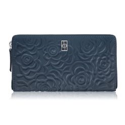 Poziomy portfel damski skórzany granatowy w kwiaty z metalowym logo Paolo Peruzzi AL-13-NV. Niebieskie portfele damskie Paolo Peruzzi, ze skóry. Za 89.00 zł.