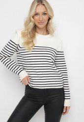 Beżowo-Granatowy Sweter w Cienkie Paskiz Poduszkami na Ramionach Gefonde. Brązowe swetry nierozpinane damskie Born2be, m, bez wzorów, bez kołnierzyka, bez ramiączek. Za 139.99 zł.