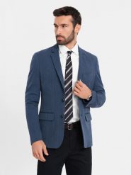 Elegancka marynarka męska SLIM FIT z rayonem – ciemnoniebieska V3 OM-BLZB-0135 - XXL. Niebieskie garnitury męskie Ombre Clothing, l, bez wzorów, z materiału, eleganckie. Za 359.99 zł.