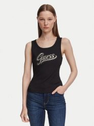 Guess Top W6YP30 K4380 Czarny Slim Fit. Czarne topy damskie Guess, xs, z aplikacjami, z syntetyku, bez kołnierzyka, bez ramiączek. Za 194.99 zł.