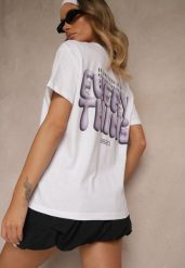 Biało-Fioletowy T-shirt z Bawełny Ozdobiony Nadrukiem Adneria. Białe t-shirty damskie Renee, l, bez wzorów, z bawełny, bez kołnierzyka, bez ramiączek. Za 44.99 zł.