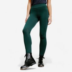 Legginsy jeździeckie damskie 500 z silikonowym lejem. Zielone legginsy damskie FOUGANZA, bez wzorów, z lycry. Za 129.99 zł.