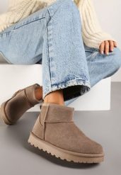 Ciemnobeżowe Casualowe Ocieplane Śniegowce na Płaskiej Podeszwie Emelunetta. Brązowe śniegowce damskie Renee, z jeansu, bez zapięcia. Za 64.99 zł.