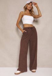 Brązowe Spodnie o Szerokim Kroju High Waist z Wiązaniem w Pasie Ettianne. Brązowe spodnie materiałowe damskie Renee, bez wzorów, z jeansu, eleganckie, z podwyższonym stanem. Za 39.99 zł.
