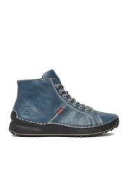 Rieker Trzewiki CEO-71510-14 Niebieski. Niebieskie botki damskie Rieker, bez wzorów, ze skóry, bez obcasa, na płaskiej podeszwie, bez zapięcia. Za 349.99 zł.