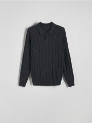 Sweter polo z długim rękawem - szary. Szare swetry męskie Reserved, l, bez wzorów, z dzianiny, bez kołnierzyka, bez ramiączek. W wyprzedaży za 89.99 zł.