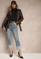 Niebieskie Bawełniane Jeansy Ozdobione Paskiem i Wywiniętymi Nogawkami Salliera. Niebieskie jeansy damskie Renee, bez wzorów, z bawełny, eleganckie. Za 119.99 zł.