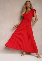 Czerwona Kopertowa Sukienka z Gumką w Pasie i Materiałowym Paskiem Ozdobiona Falbankami Tiamatalia. Czerwone sukienki damskie Renee, na imprezę, m, bez wzorów, z materiału, eleganckie, bez kołnierzyka, bez ramiączek, maxi, kopertowe. Za 109.99 zł.
