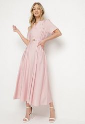 Różowa Wiskozowa Sukienka z Lnem o Rozkloszowanym Kroju z Paskiem z Klamerką Linalin. Czerwone sukienki damskie Born2be, na co dzień, l, bez wzorów, z wiskozy, eleganckie, bez kołnierzyka, bez ramiączek, maxi, rozkloszowane. Za 139.99 zł.