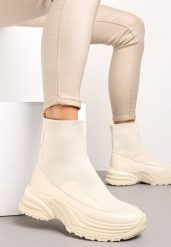 Beżowe Botki na Platformie ze Skarpetkową Cholewką Arel. Brązowe botki damskie Renee, bez wzorów, eleganckie, bez obcasa, na platformie, bez zapięcia. Za 24.99 zł.