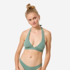 Góra kostiumu kąpielowego damska Decathlon Cora Zuma. Zielone bikini OLAIAN, bez wzorów, z elastanu. Za 79.99 zł.