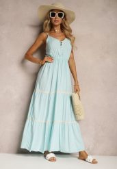 Jasnoniebieska Sukienka Zapinana na Guziki na Ramiączkach z Gumką w Talii i Falbanką Tiamalia. Niebieskie sukienki damskie Renee, na imprezę, l, bez wzorów, eleganckie, bez kołnierzyka, bez ramiączek, maxi. Za 39.99 zł.