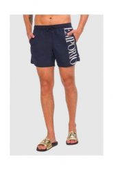 EMPORIO ARMANI Granatowe szorty kąpielowe z białym logo. Niebieskie kąpielówki męskie Emporio Armani, m, bez wzorów, z poliesteru. W wyprzedaży za 229.99 zł.
