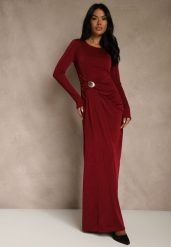 Bordowa Marszczona Sukienka Koktajlowa Zdobiona Aplikacją w Talii Siweda. Czerwone sukienki damskie Renee, s, z aplikacjami, z futra, klasyczne, bez kołnierzyka, bez ramiączek, kopertowe. Za 129.99 zł.