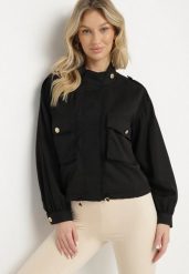Czarna Kurtka ze Stójką i Ozdobnymi Guzikami Ściągana w Pasie Troczkiem Basalle. Czarne kurtki damskie Born2be, l, bez wzorów, z jeansu, bez kaptura. Za 129.99 zł.
