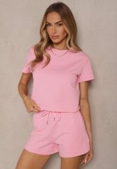 Różowy Bawełniany T-shirt o Fasonie Cropped Galionela. Czerwone t-shirty damskie Renee, l, bez wzorów, z bawełny, bez kołnierzyka, bez ramiączek. Za 54.99 zł.