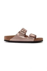 Klapki damskie BIRKENSTOCK ARIZONA BF COPPER. Brązowe klapki damskie Birkenstock, na lato, bez wzorów, z materiału, eleganckie, bez obcasa, bez zapięcia. Za 329.99 zł.