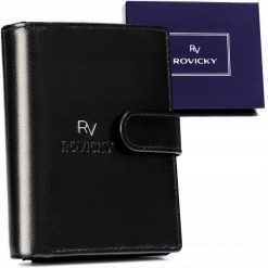 Portfel męski Rovicky czarny RV-7680056-9-L-BCA-4. Czarne portfele męskie ROVICKY, bez wzorów, ze skóry. Za 70.00 zł.