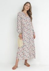 Jasnobeżowa Koszulowa Sukienka Rozkloszowana z Falbanką Litia. Brązowe sukienki damskie Born2be, l, bez wzorów, bez kołnierzyka, bez ramiączek, maxi, koszulowe. Za 69.99 zł.