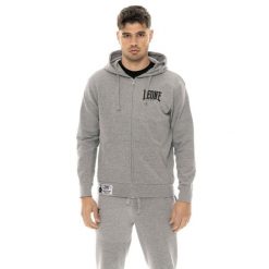Męska bluza bokserska z kapturem zapinana na zamek. Szare bluzy męskie LEONE 1947 APPAREL, m, bez wzorów, sportowe, bez ramiączek, z kapturem. W wyprzedaży za 176.82 zł.