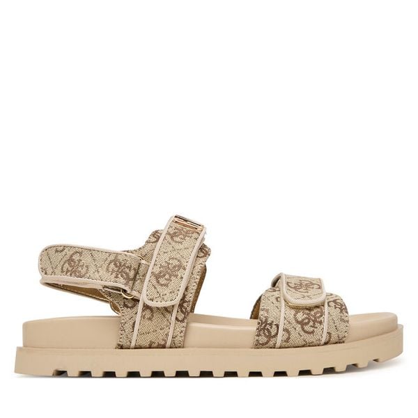 Sandały Guess. Brązowe sandały damskie Guess, z aplikacjami, bez obcasa, na płaskiej podeszwie, bez zapięcia. Za 341.99 zł.