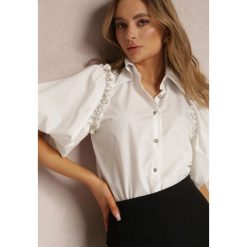 Biała Koszula Klymamene. Białe koszule damskie Renee, m, bez wzorów, z jeansu, bez kołnierzyka, bez ramiączek. Za 49.99 zł.