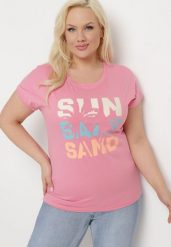 Różowa Bluzka T-shirt z Napisem na Przodzie Vanneli. Czerwone bluzki damskie Born2be, l, z aplikacjami, bez kołnierzyka, bez ramiączek. Za 39.99 zł.