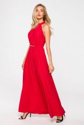 Brokatowa Maxi Sukienka z Dekoltem Typu Halter - Czerwona. Czerwone sukienki damskie MOE, uniwersalny, bez wzorów, z elastanu, wizytowe, bez kołnierzyka, bez ramiączek, maxi. Za 296.05 zł.