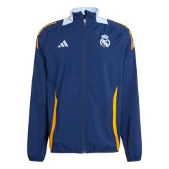Kurtka prezentacyjna Real Madrid 2024/25. Brązowe kurtki męskie Adidas, bez wzorów, sportowe, bez kaptura. W wyprzedaży za 258.50 zł.