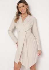 Beżowa Rozkloszowana Sukienka Mini z Kopertową Górą i Plisami na Dole Lontasa. Brązowe sukienki damskie Born2be, m, bez wzorów, eleganckie, bez kołnierzyka, bez ramiączek, mini, kopertowe. Za 139.99 zł.