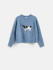 Sweter ze zwierzęcym motywem - granatowy. Niebieskie swetry nierozpinane damskie Reserved, l, bez wzorów, z dzianiny, bez kołnierzyka, bez ramiączek. Za 129.99 zł.