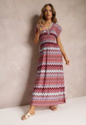 Bordowa Wzorzysta Sukienka Maxi z Gumką w Talii i Rozkloszowanym Dołem Noareya. Czerwone sukienki damskie Renee, na co dzień, l, bez wzorów, bez kołnierzyka, bez ramiączek, maxi, kopertowe. Za 39.99 zł.