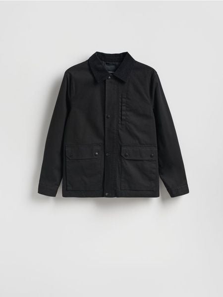 Kurtka z kołnierzem - czarny. Czarne kurtki męskie Reserved, l, bez wzorów, z bawełny, bez kaptura. Za 179.99 zł.