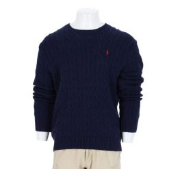 Second life - Sweter męski Polo Ralph Lauren z warkoczowym splotem - Jak nowy. Niebieskie swetry męskie Ralph Lauren, l, bez wzorów, z kaszmiru, eleganckie, bez kołnierzyka, bez ramiączek. Za 255.56 zł.