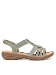 Rieker Sandały 60839-52 Zielony. Zielone sandały damskie Rieker, bez wzorów, z materiału, bez obcasa, na płaskiej podeszwie, bez zapięcia. Za 289.99 zł.