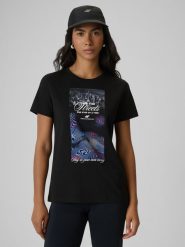 4F T-shirt regular z nadrukiem damski - czarny XS. Czarne t-shirty damskie 4F, xs, bez wzorów, z bawełny, klasyczne, bez kołnierzyka, bez ramiączek. Za 69.99 zł.