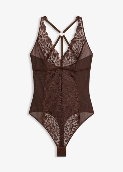 Body ze stringami, bez fiszbinów, ze szlachetnym haftem. Brązowe body bonprix, bez wzorów. Za 117.99 zł.