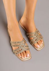 Złote Klapki na Płaskiej Podeszwie z Ozdobnymi Paskami z Cyrkoniami Tenasina. Żółte klapki damskie Born2be, na lato, z aplikacjami, eleganckie, bez obcasa, na płaskiej podeszwie, bez zapięcia. Za 69.99 zł.